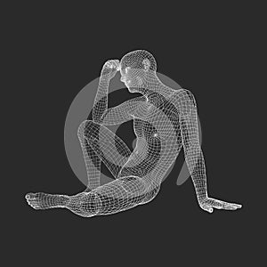 Man in a Thinker Pose. 3D Model of Man. Geometric Design. Human Body Wire Model. Business, Science, Psychology or Philosophy