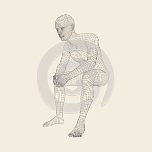 Man in a Thinker Pose. 3D Model of Man. Geometric Design. Human Body Wire Model. Business, Science, Psychology or Philosophy