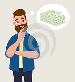 Man thinking for cash/money. Money concept in thought bubble. Business and finance concept. Human emotion concept vector.