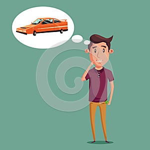 Man thinking of choice. Money for spending. Vectro cartoon illustration