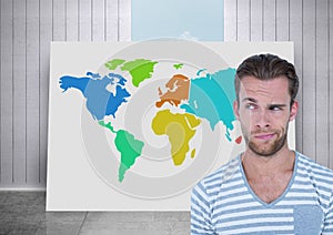 Man thinking about Colorful Map with city background with room and sky background