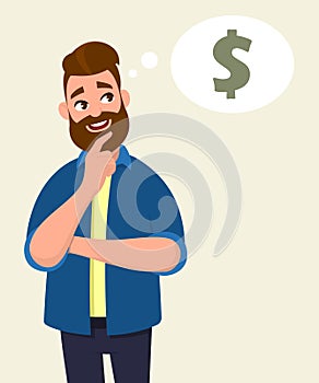 Man thinking for dollar icon or symbol with smile. Money concept in thought bubble. Human emotion and body language concept.