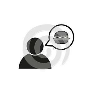 Man thinking about food icon. Chat bubble with hamburger inside. Vector illustration. EPS 10.