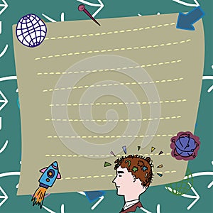 Man Thinking New Creative Ideas Presented On Note. Boy Reasoning Important Message Written On Pad. Businessman