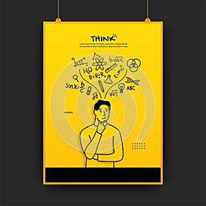 Man thinking with outline icons on yellow background, back to school poster