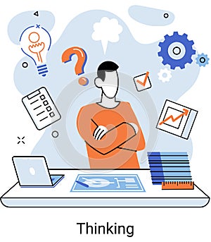 Man thinking sitting at table, with question mark and business icons. Problem solving concept