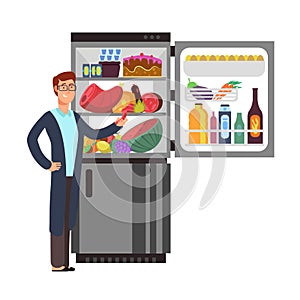 Man thinking snacking sausage at fridge with unhealthy food. People eating at night vector concept