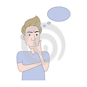 Man thinks by applying a finger to his chin. Thoughtful male with speech bubble above his head. Vector