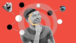 Man with thought bubbles including smiling mouth and watchful eye on red background. Stop motion, animation