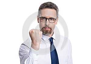 man threatening with fist isolated on white. man threatening with fist at studio.