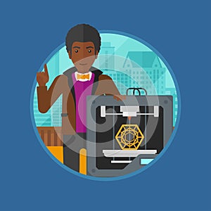 Man with three D printer vector illustration.