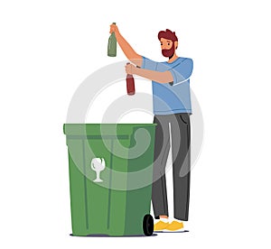 Man Throw Glass Bottles Garbage Into Special Container For Sorting Litter, Trash Recycling Isolated On White Background