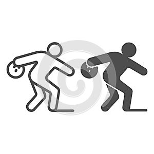 Man throwing bowling ball line and solid icon, bowling concept, Bowling player sign on white background, Man throws ball