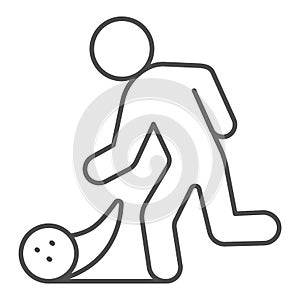 Man throwing bowling ball thin line icon, bowling concept, Bowling player sign on white background, Man throws ball icon