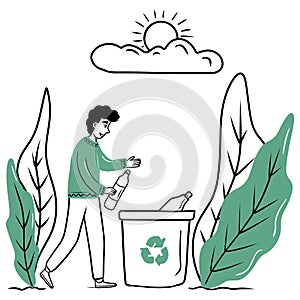 Man is throwing empty plastic bottle into special recycling garbage bin. Hand drawn vector sketch doodle illustration in flat