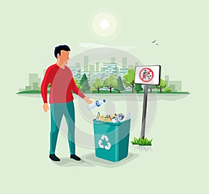 Man Throwing Plastic Bottle Waste in Garbage Bin