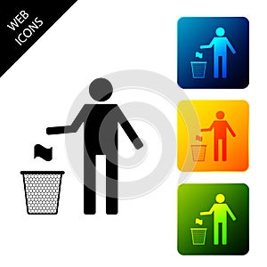 Man throwing trash into dust bin icon isolated. Recycle symbol. Trash can sign. Set icons colorful square buttons