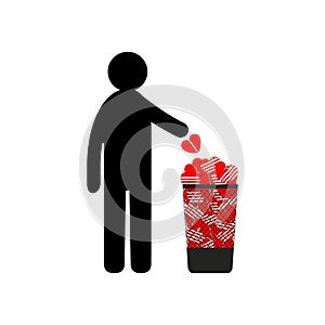 Man throws broken heart into trash can. Conceptual vector clipart and drawing. Isolated illustration on white background.