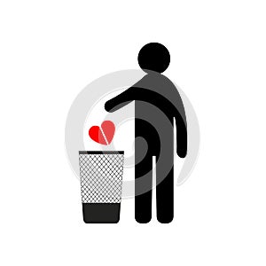 Man throws broken heart into trash can. Conceptual vector clipart and drawing. Isolated illustration on white background.