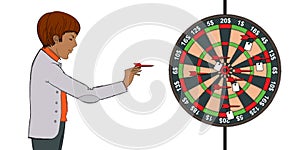 Man throws darts at a dart target with dollar signs. Illustration isolated on white background