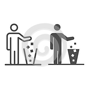 Man throws out drugs line and solid icon, life without addiction concept, anti drug sign on white background, freedom