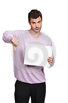 Man, thumbs down hand sign and portrait of model show marketing and advertising poster. White background, isolated and