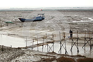 A man in the tidal flat of fishing on the river