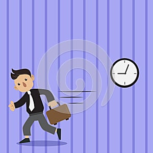 Man in Tie Carrying Briefcase and Walking Fast. Analog Wall Clock Hanging and Person with Bag Running in a Hurry