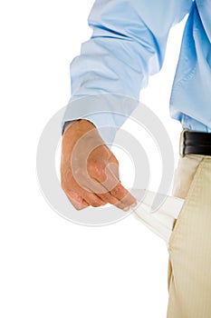 Man with tie, khakis, dress shirt, and belt, pulling out empty pocket