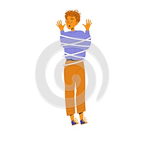 Man Tied with Rope Shouting for Help Standing with Raised Hands Vector Illustration