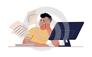 Man tired of hard working, burnout at work. Guy at office sits by the table with computer. Unhappy person overworked