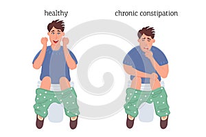 Man on the toilet, the concept of pathology of constipation and hemorrhoids before and after the disease. Vector graphics of disea photo