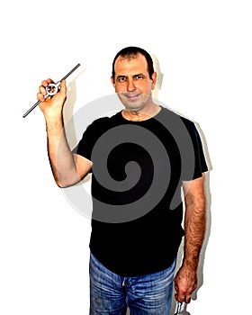 Man with a tool, isolated on a white background