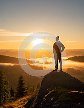 A man on the top of a hill feeling hope, strength, and motivation