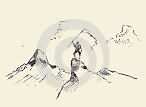 Man top mountain flag winner concept vector sketch