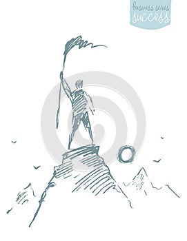 Man top mountain flag winner vector sketch