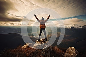 Man on top of the mountain raised hands up. Freedom and success concept, Hiker celebrating success on the top of a mountain, Full