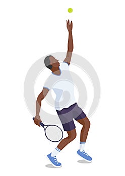 Man tossing the ball into the air, starting tennis serve.