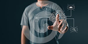 man touch cloud computing diagram show on hand. Data storage.Cloud technology.Secure backup Networking and internet service