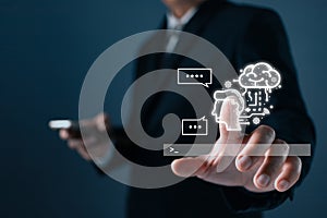 man touch command prompt ai chat. Big data storage computer tech.Digital Artificial Intelligence technology disruption concept. We