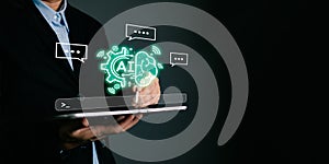 man touch command prompt ai chat. Big data storage computer tech.Digital Artificial Intelligence technology disruption concept. We