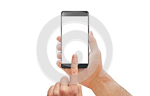 Man touch isolated cell phone display. Black modern smartphone with curved edge in man hand.