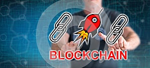 Man touching a blockchain success concept