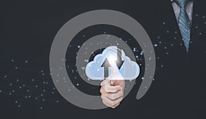 Man touching a cloud networking concept and touch screen with hand connection line on the black background, Cloud computing is sys