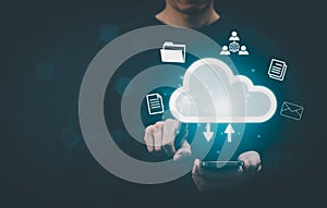 Man touching connect to data information on the Cloud Computing Technology Internet Storage Network Concept And a large database