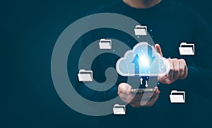 Man touching connect to data information on the Cloud Computing Technology Internet Storage Network Concept And a large database