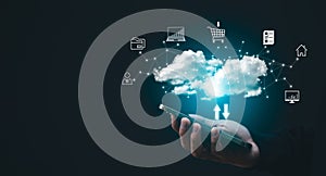 Man touching connect to data information on the Cloud Computing Technology Internet Storage Network Concept And a large database b