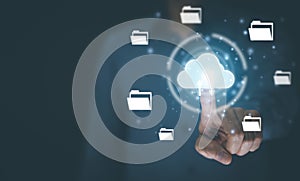 Man touching connect to data information on the Cloud Computing Technology Internet Storage Network Concept And a large database b