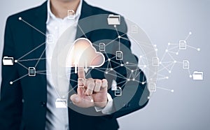 Man touching connect to data information on the Cloud Computing Technology Internet Storage Network Concept And a large database b