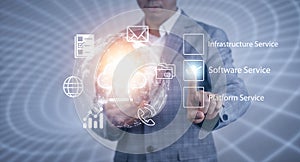 Man touching connect to data information on the Cloud Computing Technology Internet Storage Network Concept And a large database b